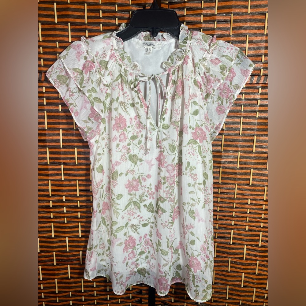 Haven + Blair London Floral Ruffle Blouse Sheer Overlay Lined Women’s XS